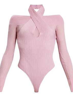 Herve Leger Blush Pink Ribbed Cross-Neck Long-Sleeve Bodysuit